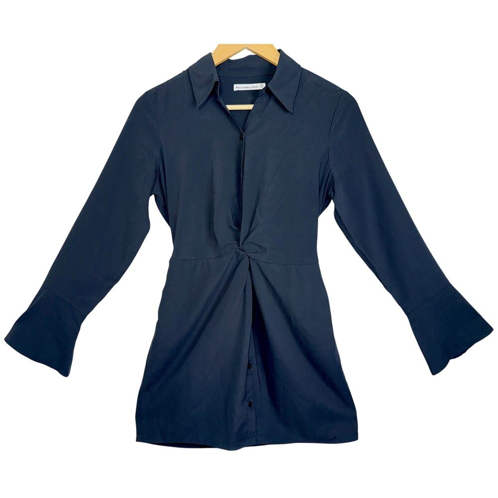 Abercrombie & Fitch Black Twist Front Button Bell Sleeve Mini Shirt Dress Sz XSP